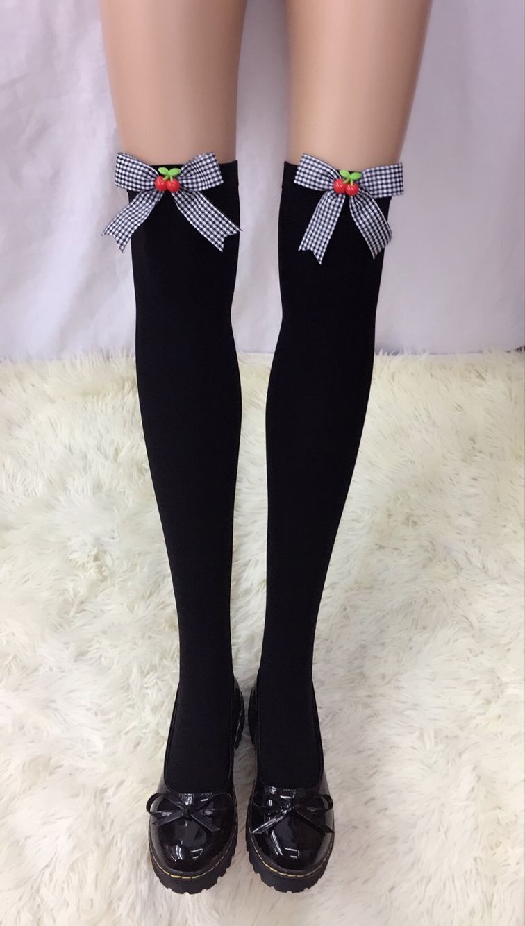 F8195-5 Thigh Stocking with Satin Bows Opaque Over The Knee Halloween Socks